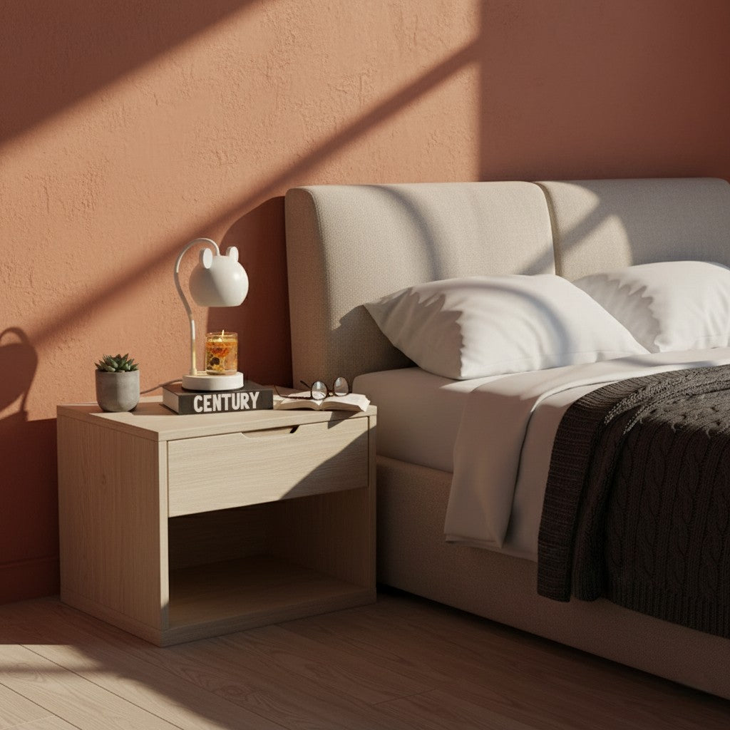 Neatly made bed with a nightstand featuring a lamp and books in a warm-toned room.