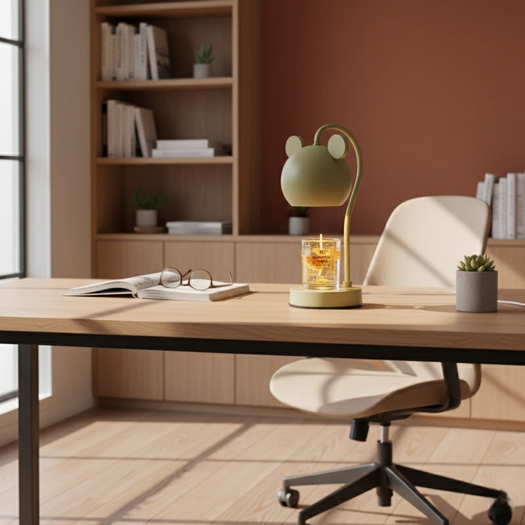 Modern office desk with a lamp, glasses, and a book in a cozy room.