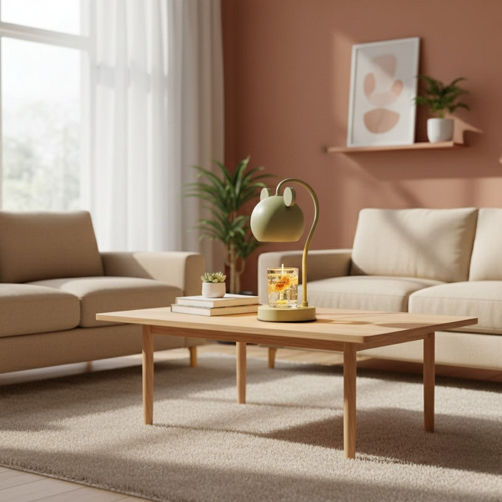Living room with beige sofa, wooden coffee table, and decorative elements.