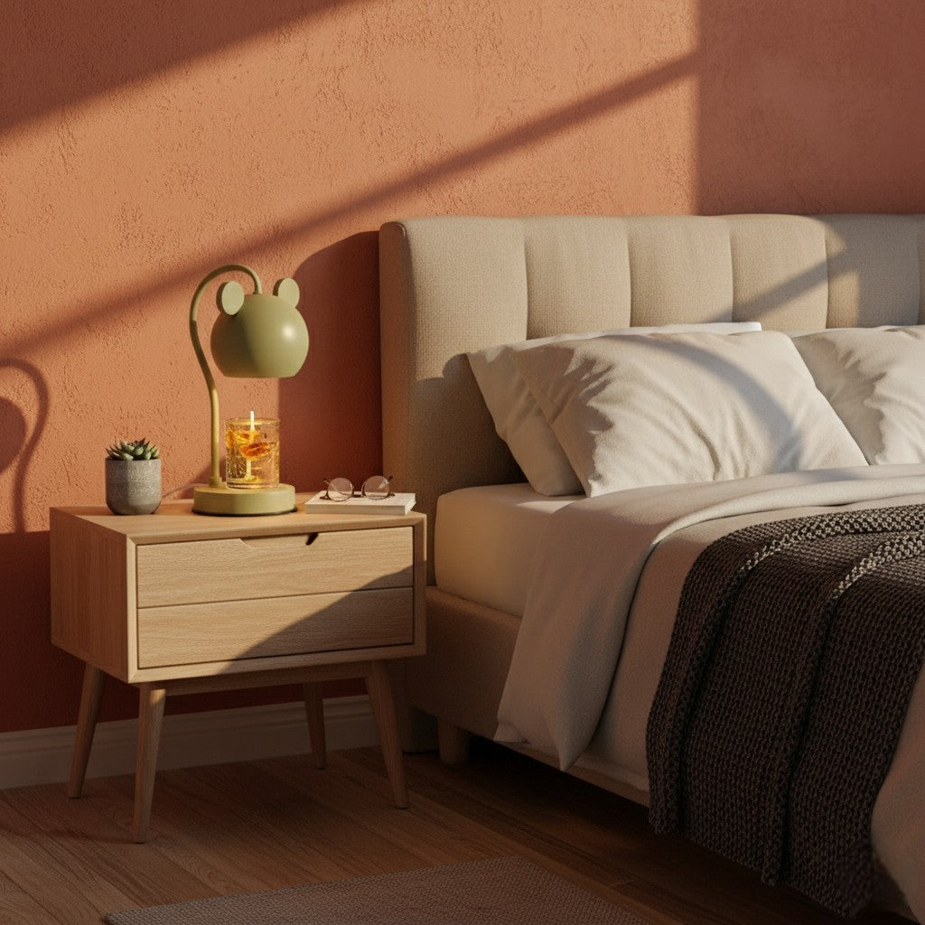 Bedroom with a nightstand, lamp, and bed with pillows against an orange wall.