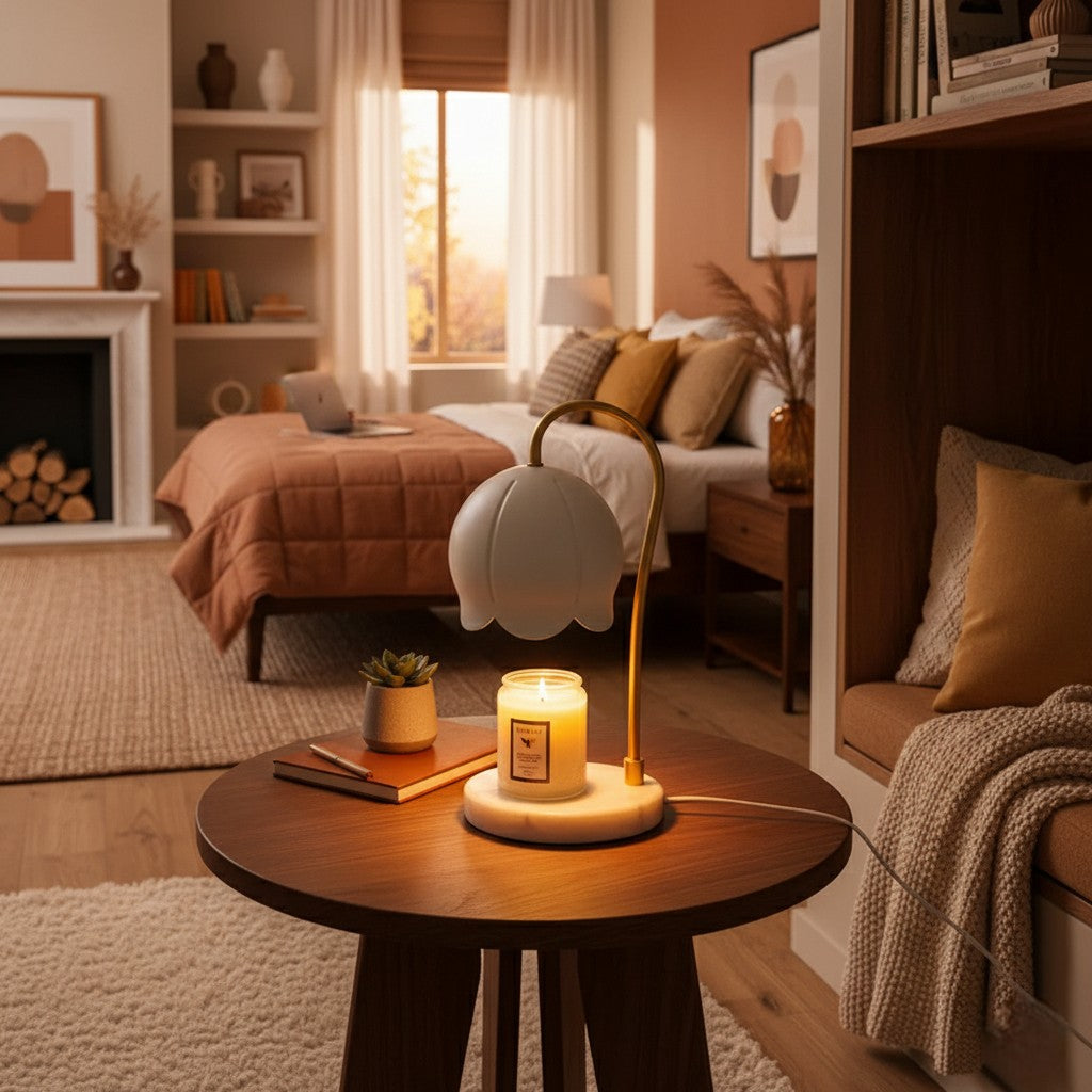 Cozy bedroom with a lit candle on a table, soft lighting, and warm decor.