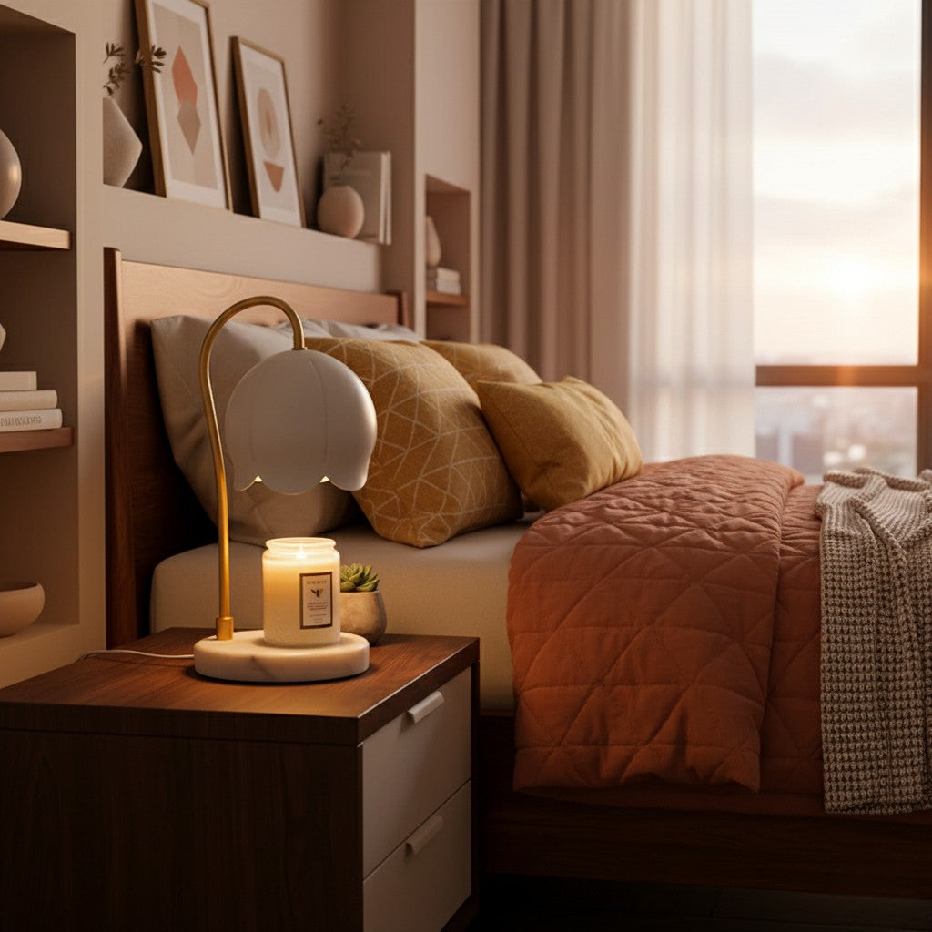 Cozy bedroom with a bed, nightstand, and lamp.