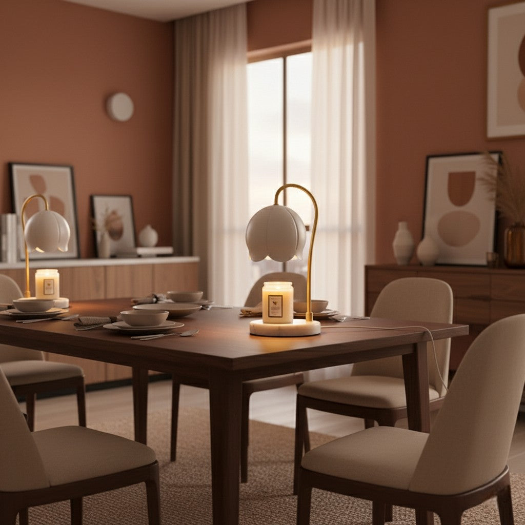 Dining room with a wooden table, chairs, and decorative elements.