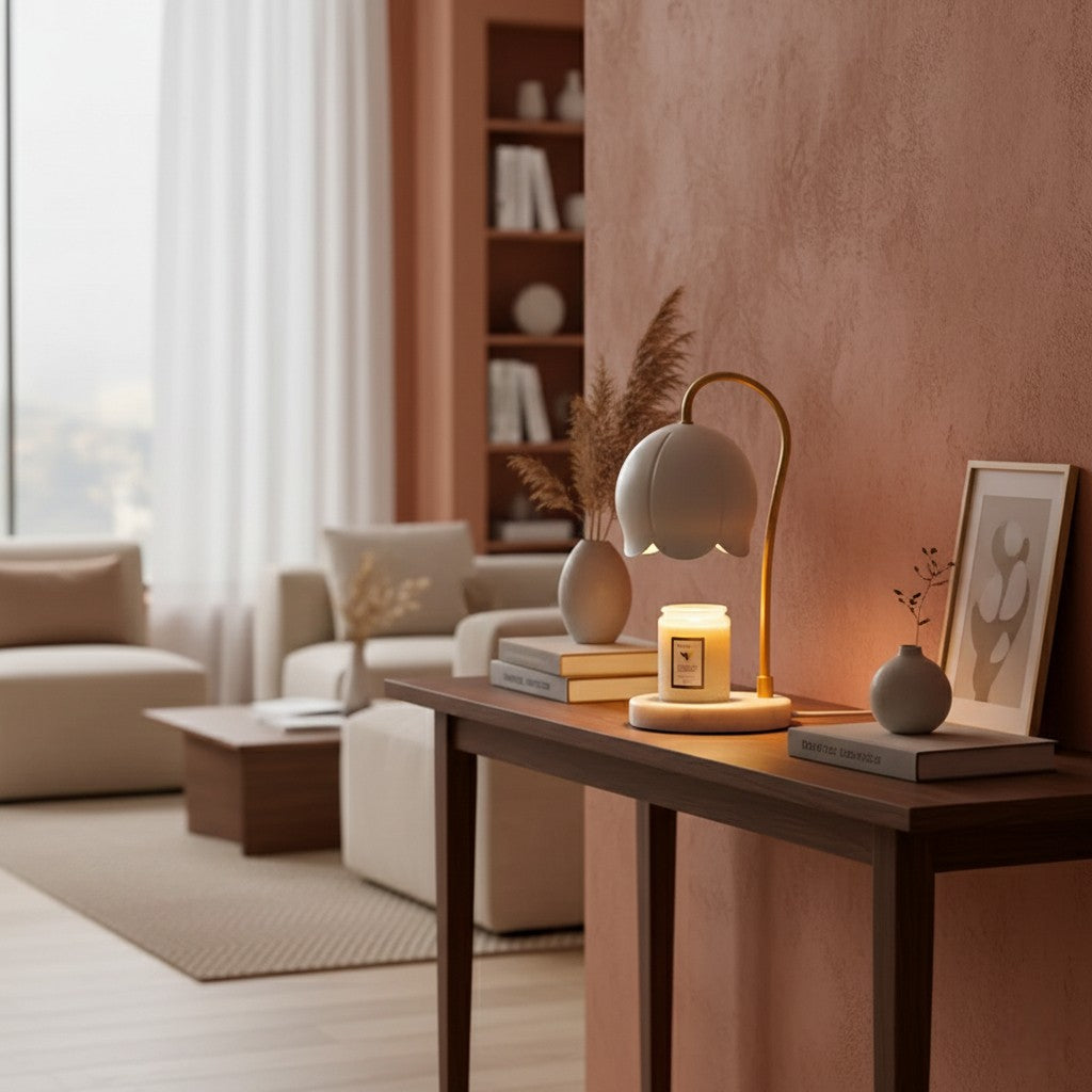 Living room with a wooden table featuring a lamp, books, and a candle.