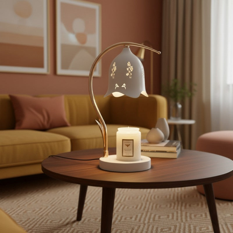 Decorative lamp with a candle on a wooden table in a living room setting