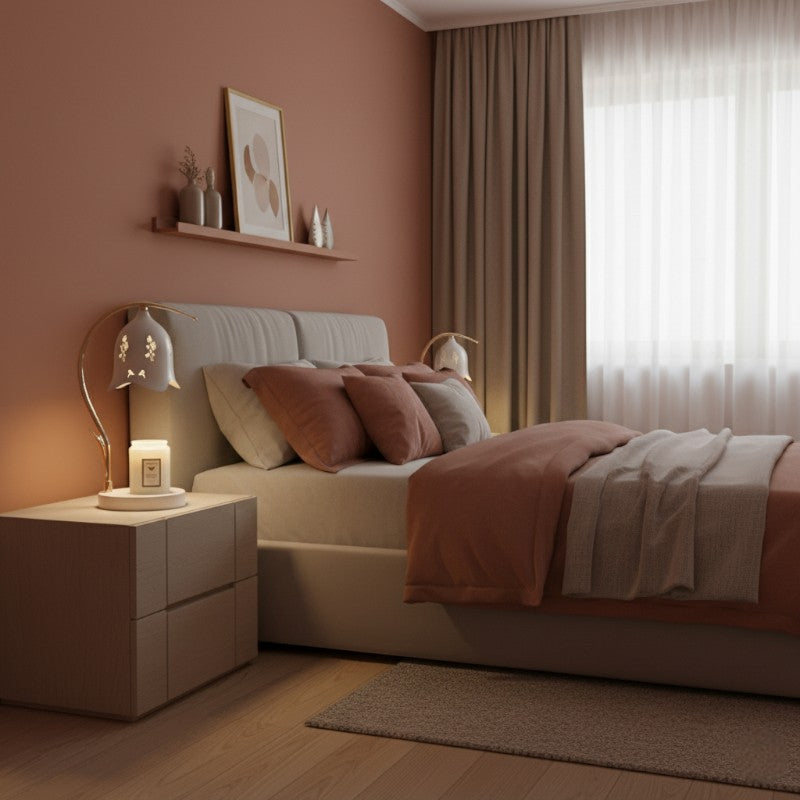 Cozy bedroom with a bed, nightstand, and wall decor.