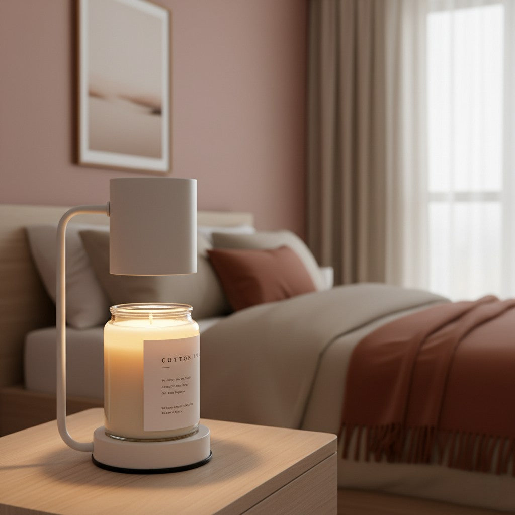 Candle lantern on a nightstand in a bedroom with soft lighting