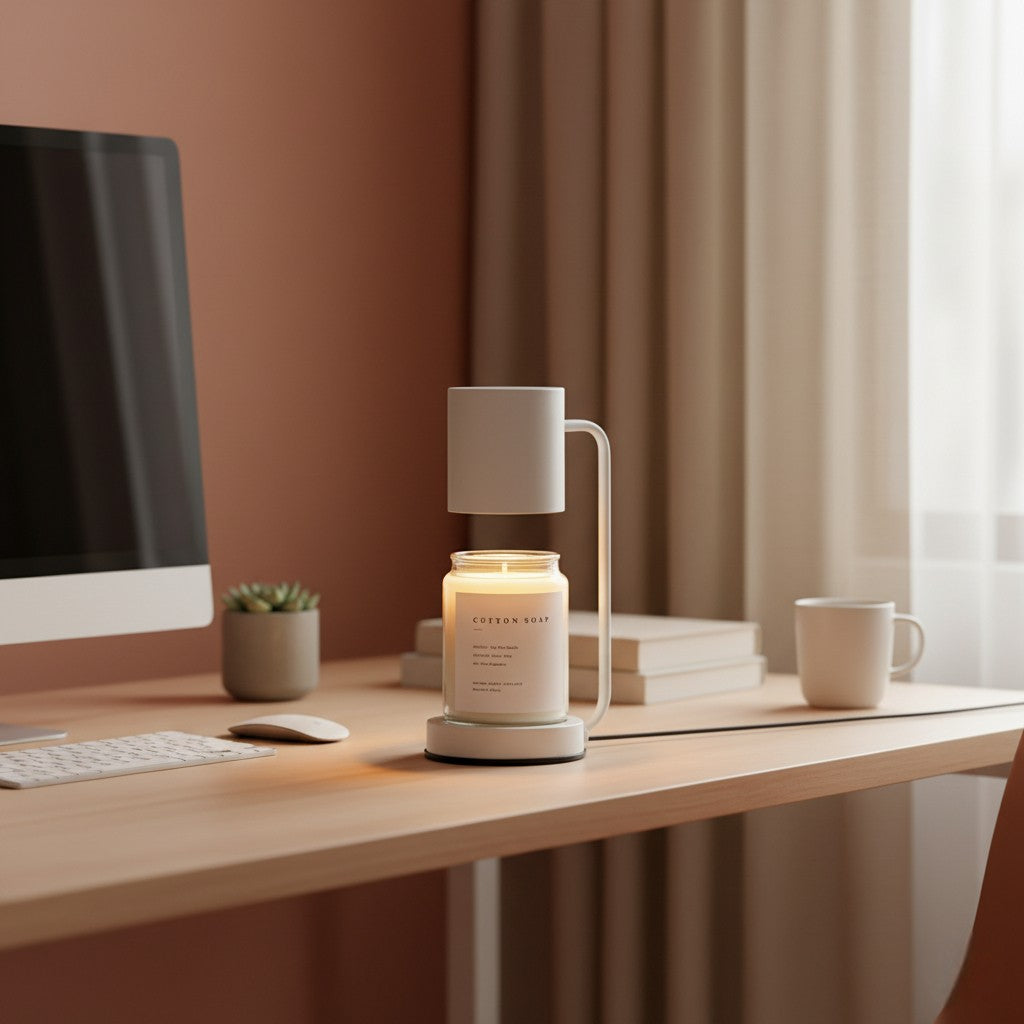 Candle with diffuser on a desk in a home office setting