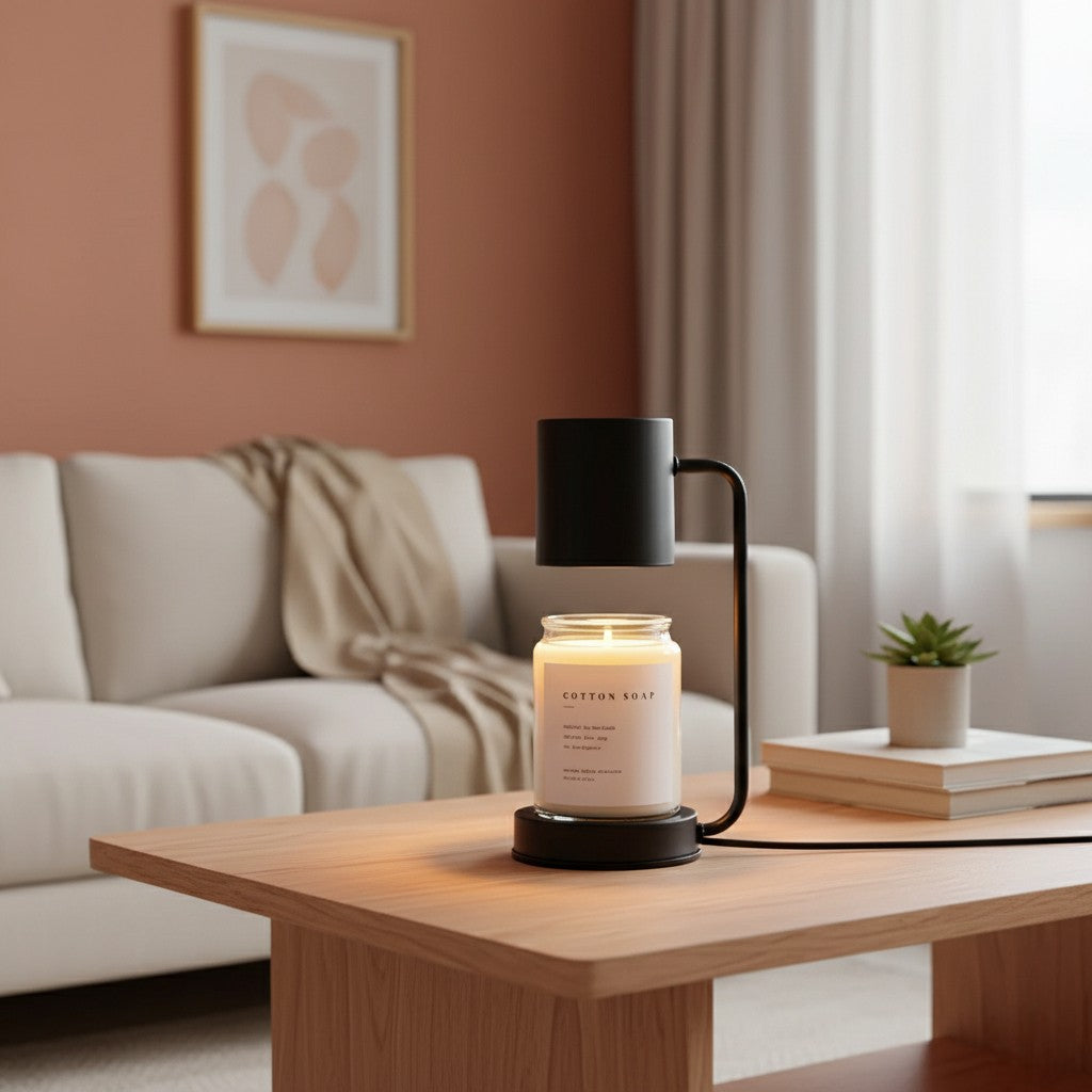 Candle with black holder on a wooden table in a living room setting