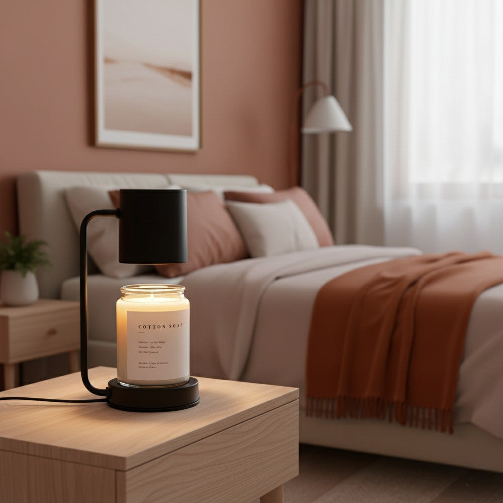 Candle with a black holder on a wooden table in a bedroom setting