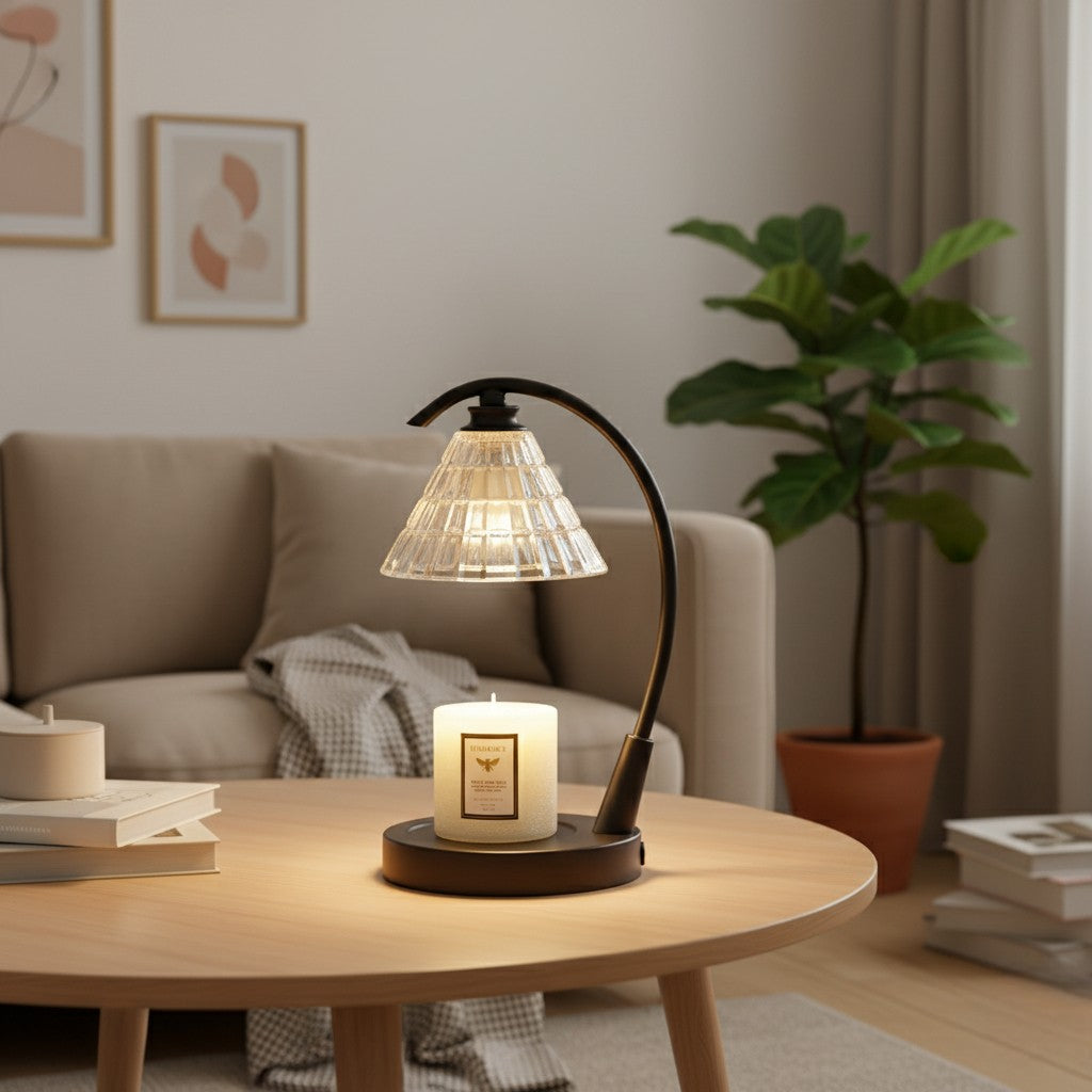Decorative lamp with a candle on a wooden table in a cozy living room.