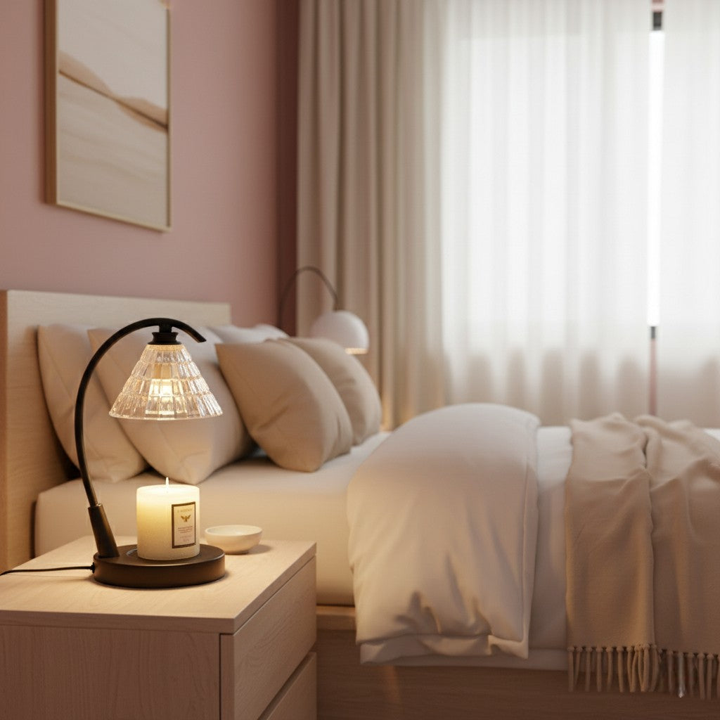 Cozy bedroom with a lit candle on a nightstand and a lamp.