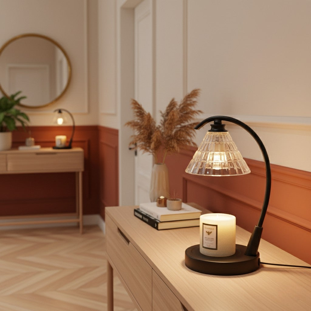 Decorative lamp with a candle on a wooden surface in a cozy room.