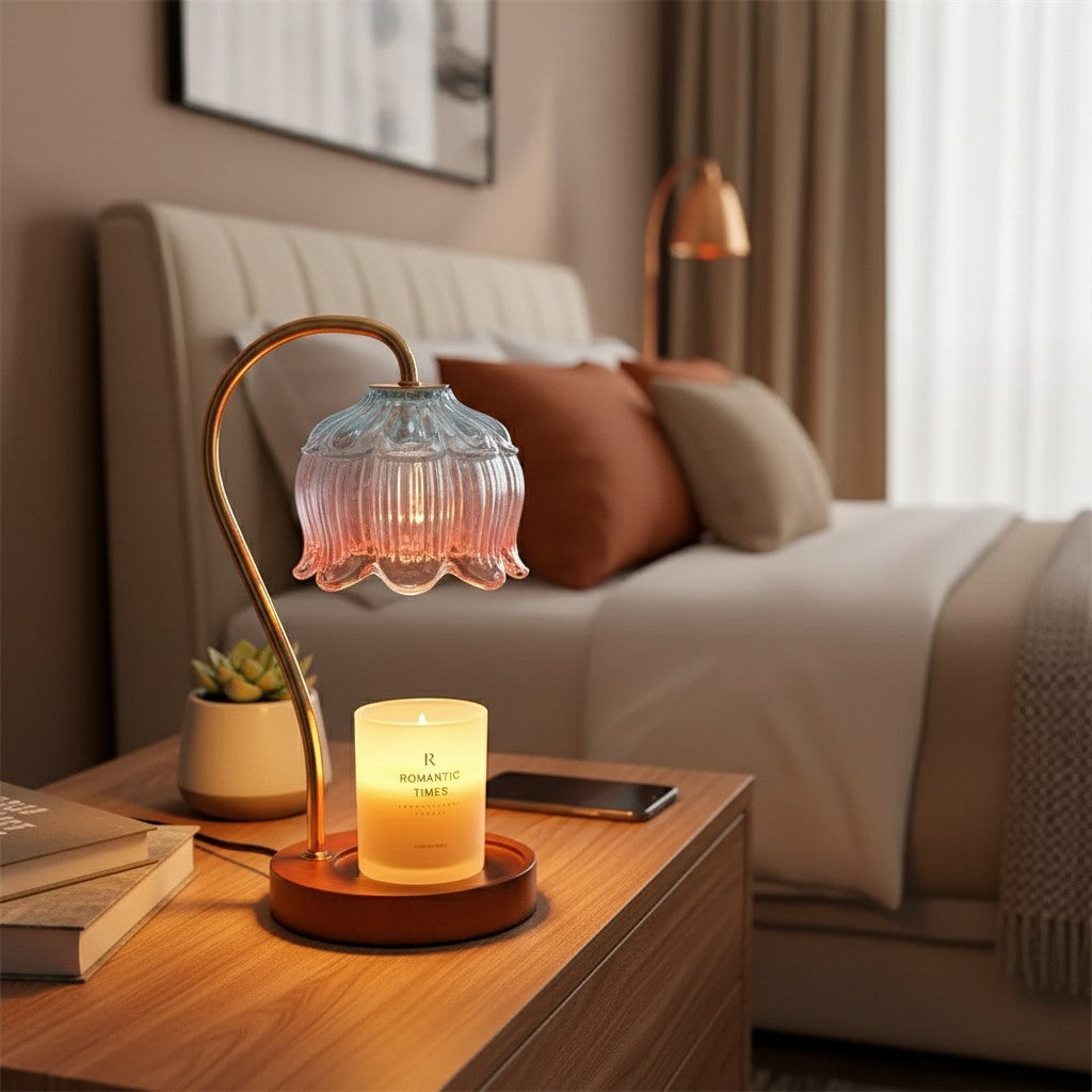 Decorative lamp with a candle on a bedside table in a bedroom setting