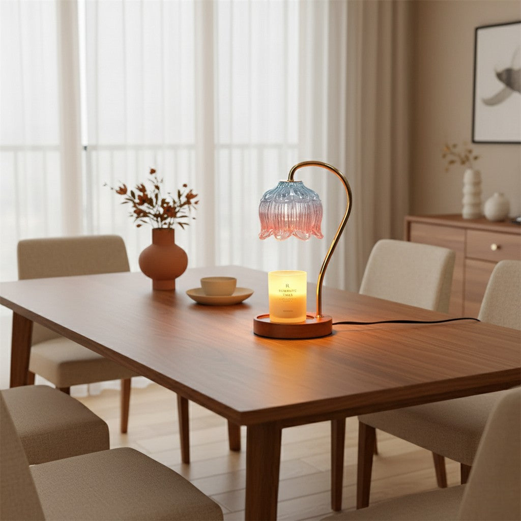 Decorative table lamp on a wooden dining table in a bright room.