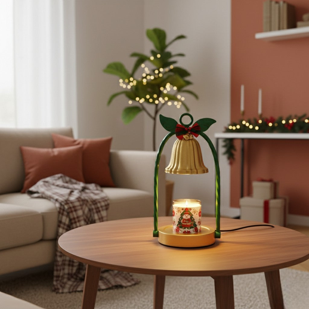 Decorative candle holder with a bell design on a wooden table in a cozy living room.
