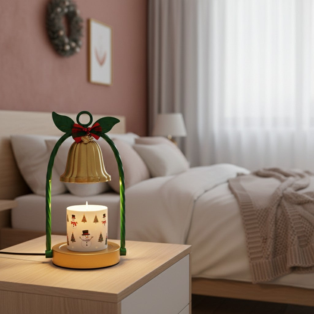 Decorative angel lamp with candle on a nightstand in a bedroom