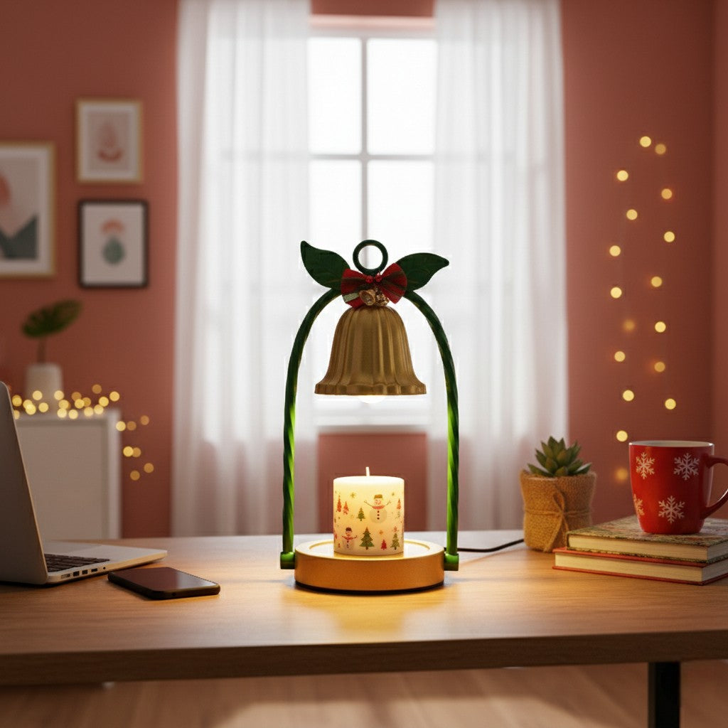 Decorative angel lamp with a candle on a desk in a cozy room with fairy lights.