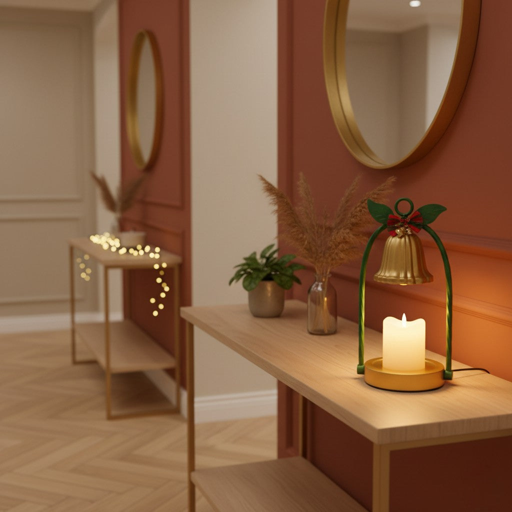 Decorative table with a candle and angel lamp in a warm-toned room.