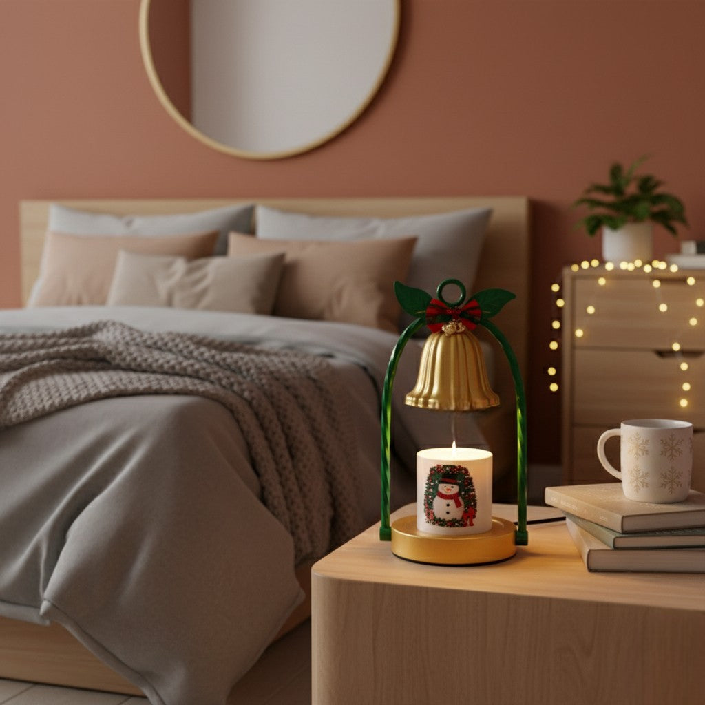 Cozy bedroom with a bed, nightstand, and decorative candle lantern.