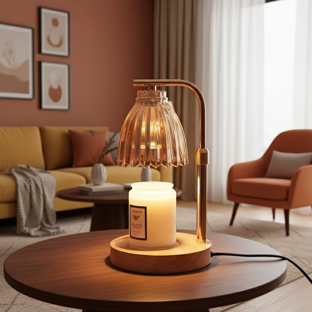 Decorative lamp with candle on a wooden table in a cozy living room.