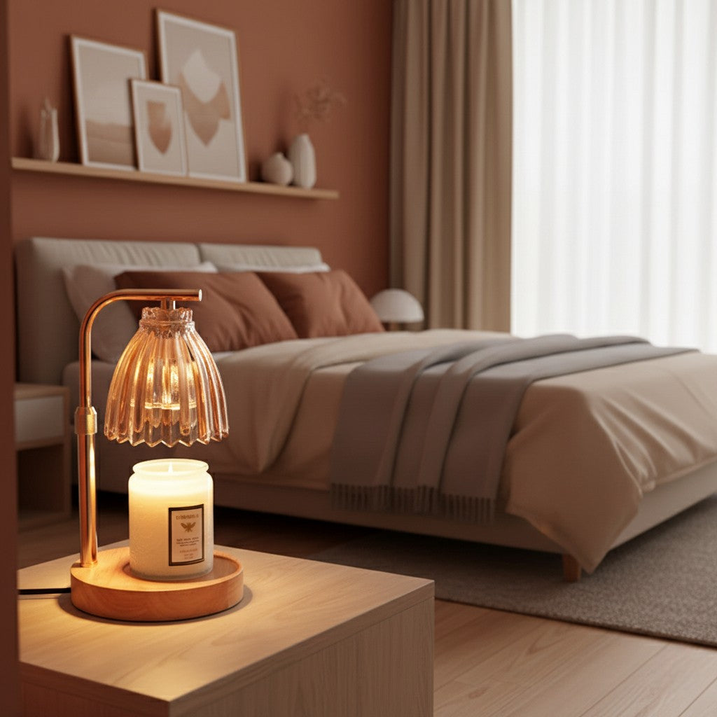 Decorative lamp with candle on a wooden table in a bedroom setting