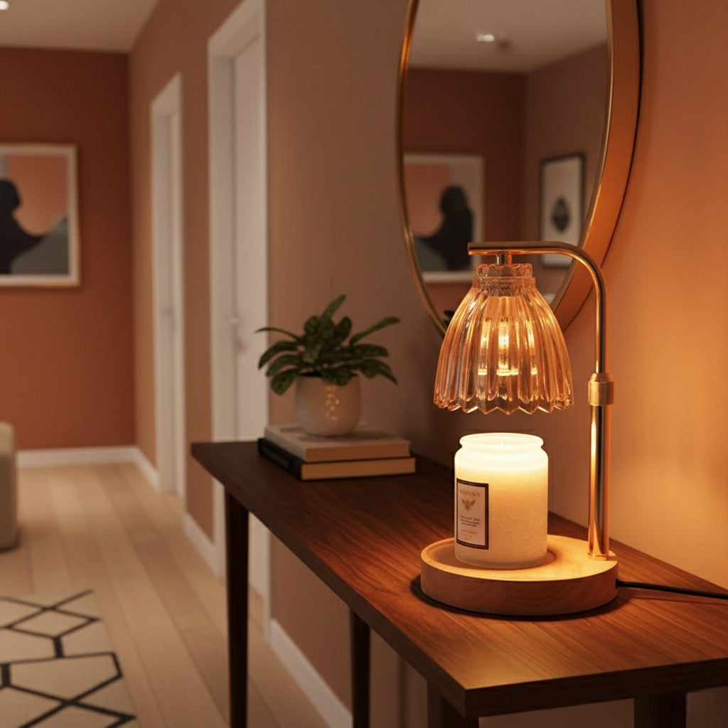 Candle on a wooden table with a decorative lamp in a cozy room.