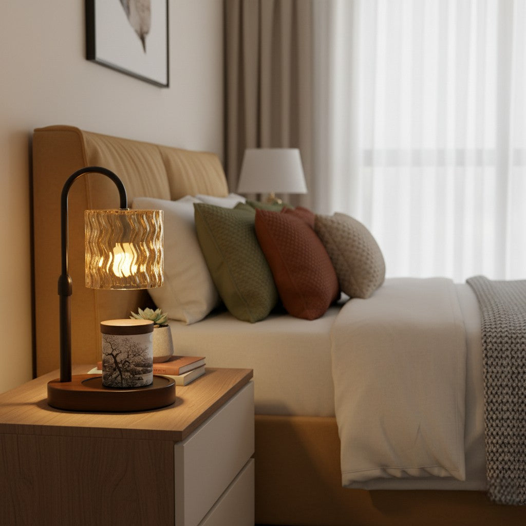 Cozy bedroom with a bed, nightstand, and lamp.