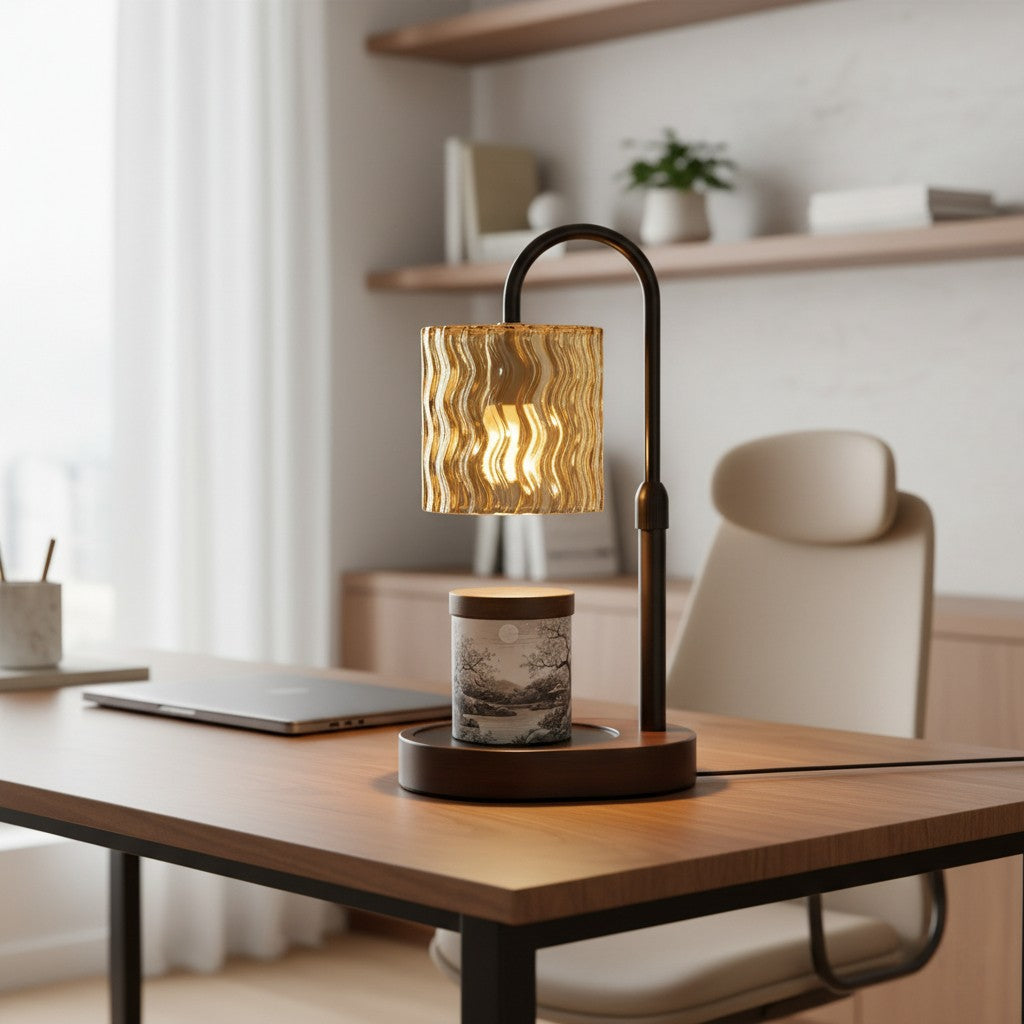 Modern desk setup with a lamp, laptop, and chair in a home office.