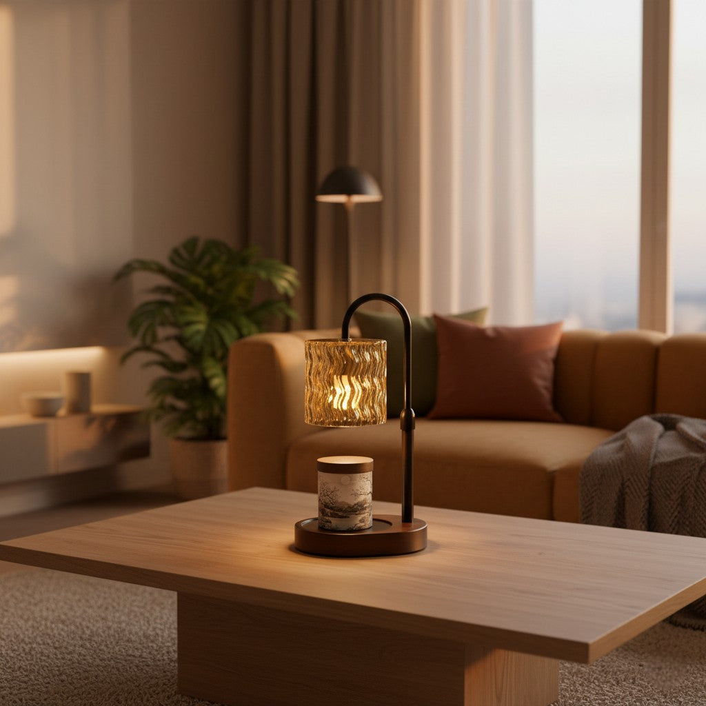 Cozy living room with a wooden coffee table, lamp, and sofa.