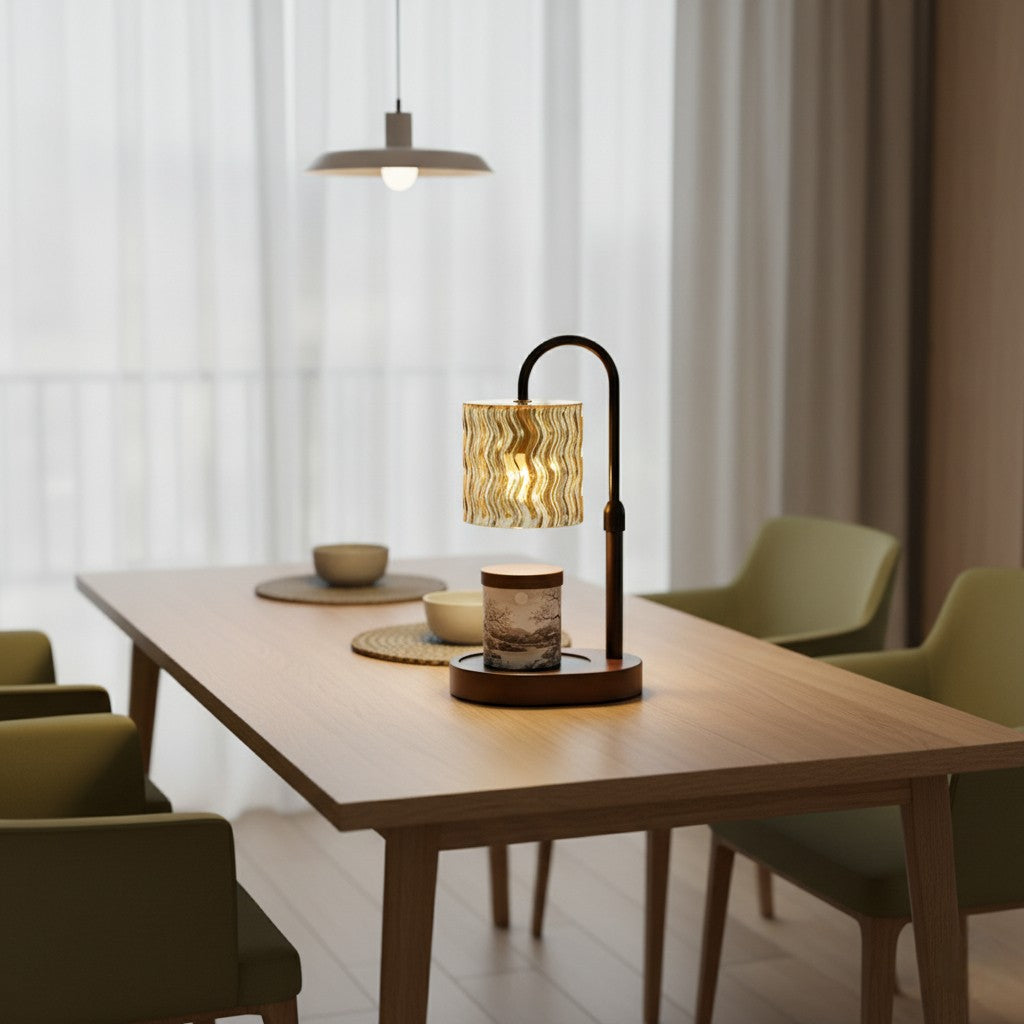 Dining table with a lamp and bowls in a softly lit room