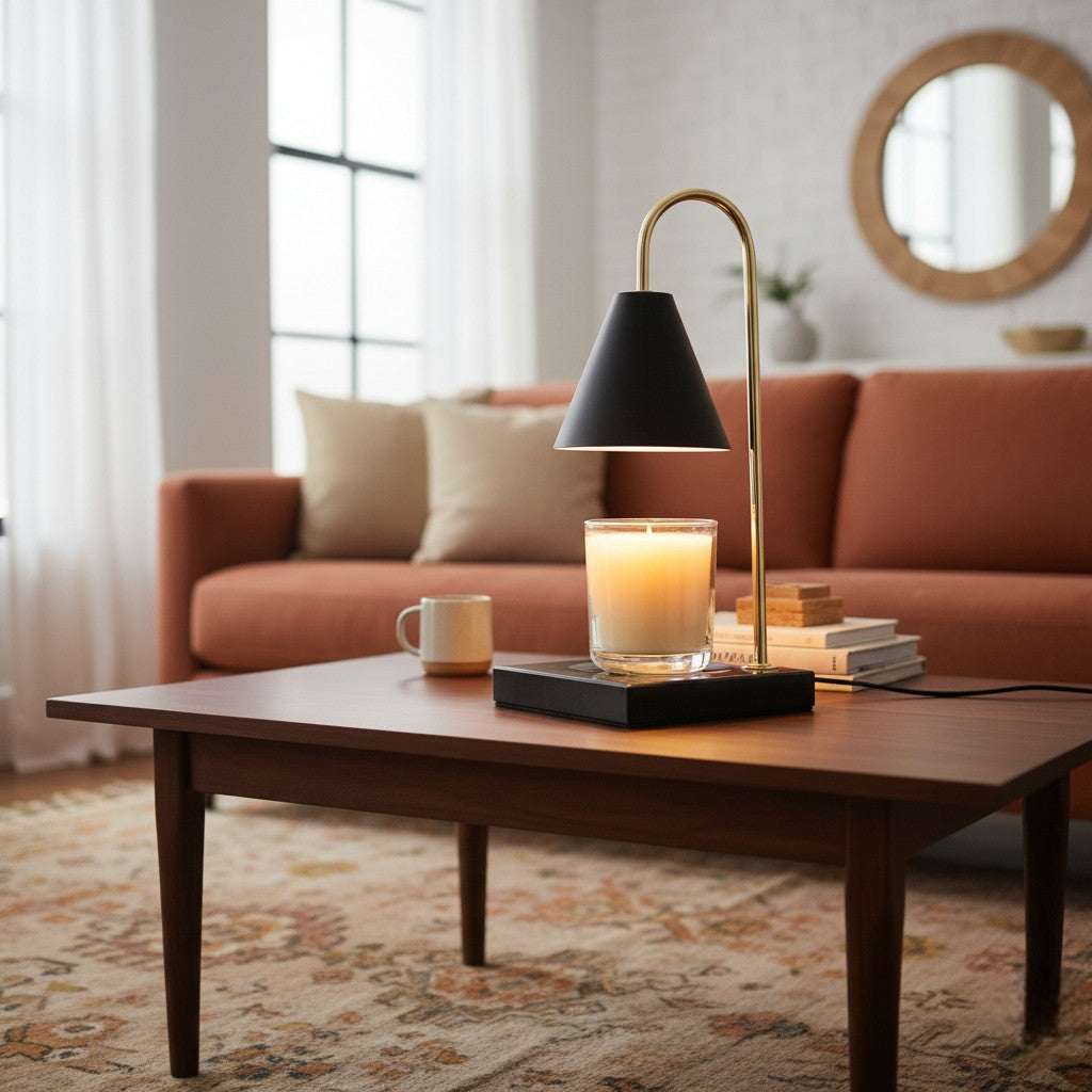Living room with a coffee table featuring a candle and lamp, and a couch in the background.