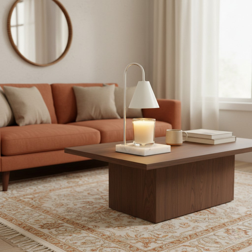Living room with a wooden coffee table, lamp, and books.