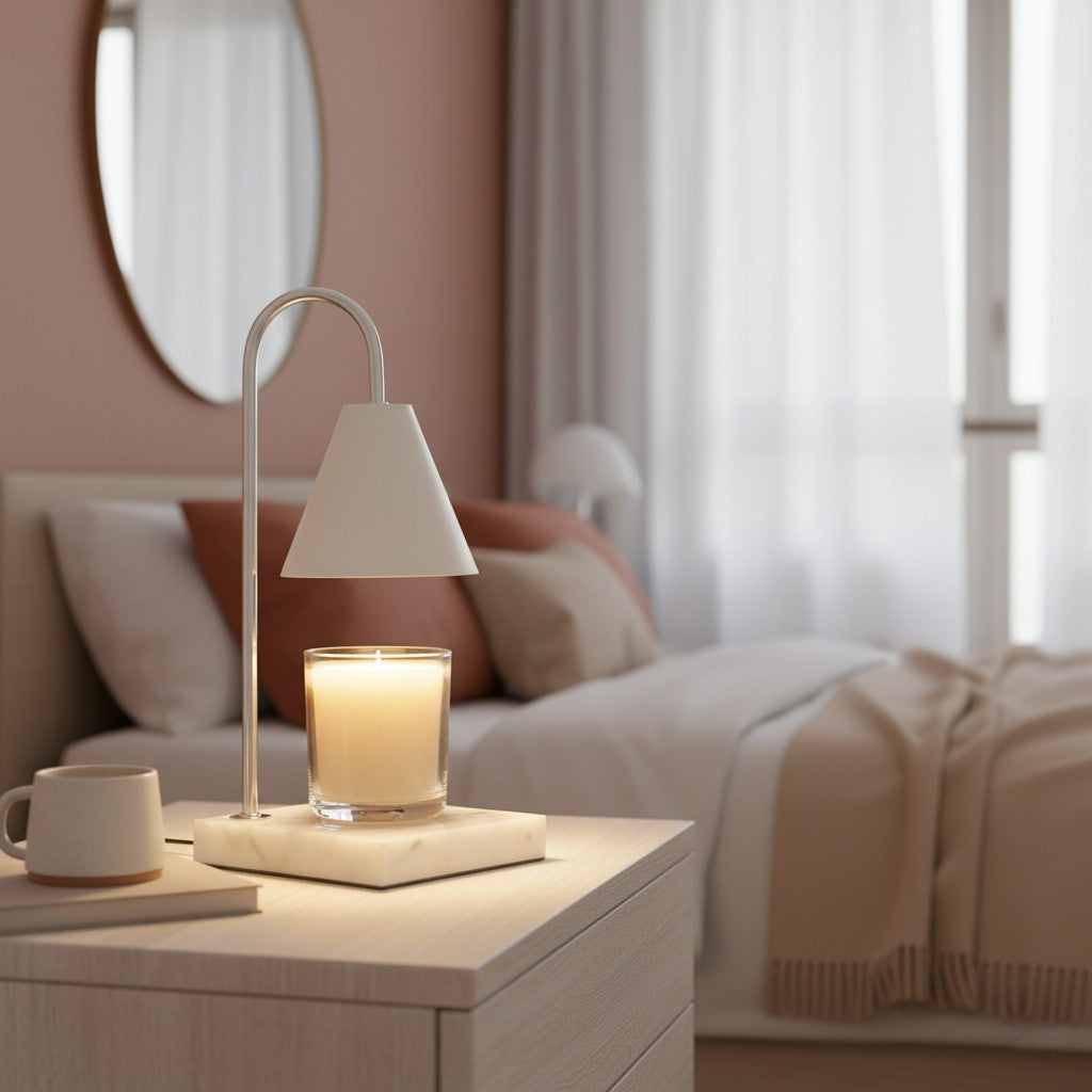 Lamp and candle on a nightstand in a bedroom setting