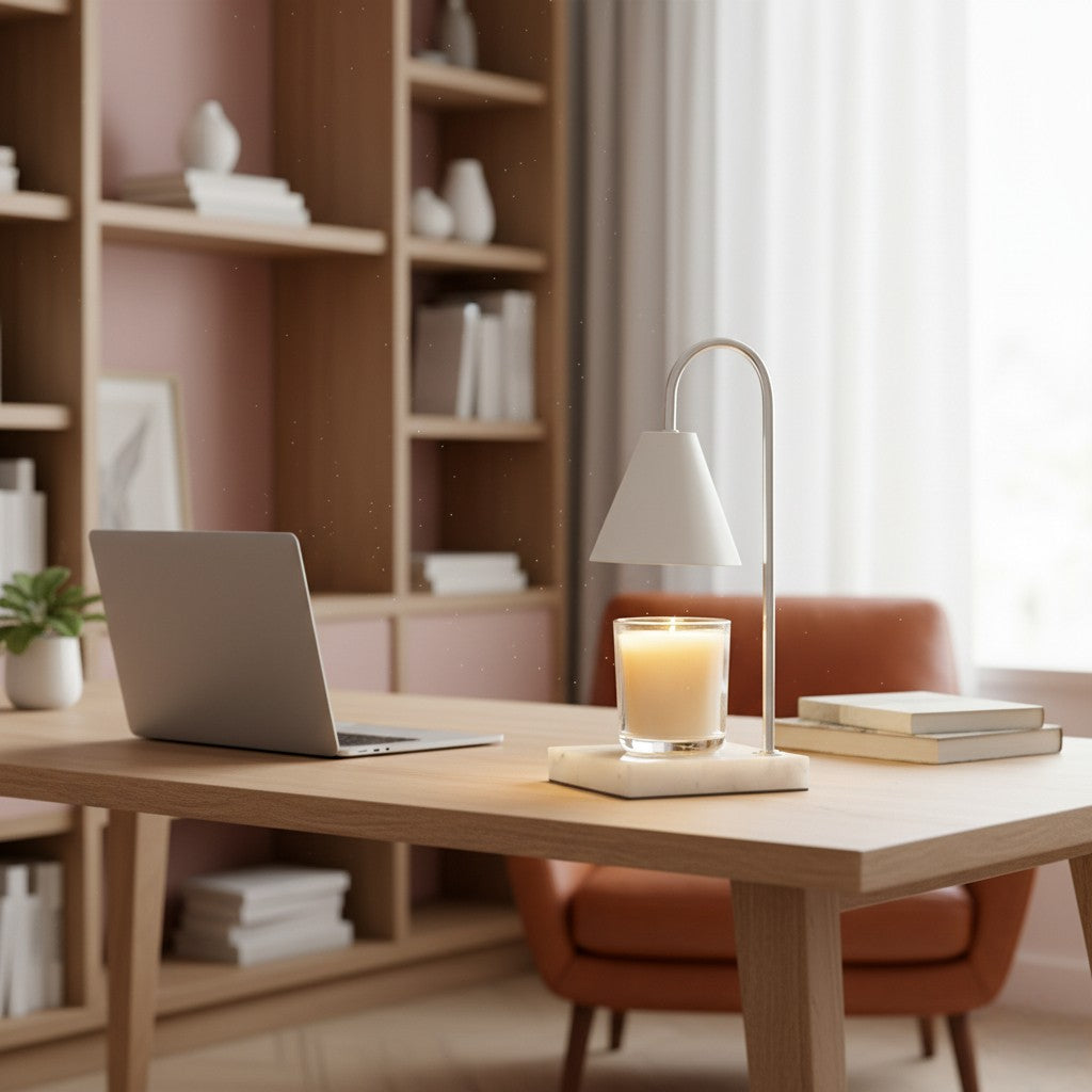 Modern home office with a desk, laptop, lamp, and candle.