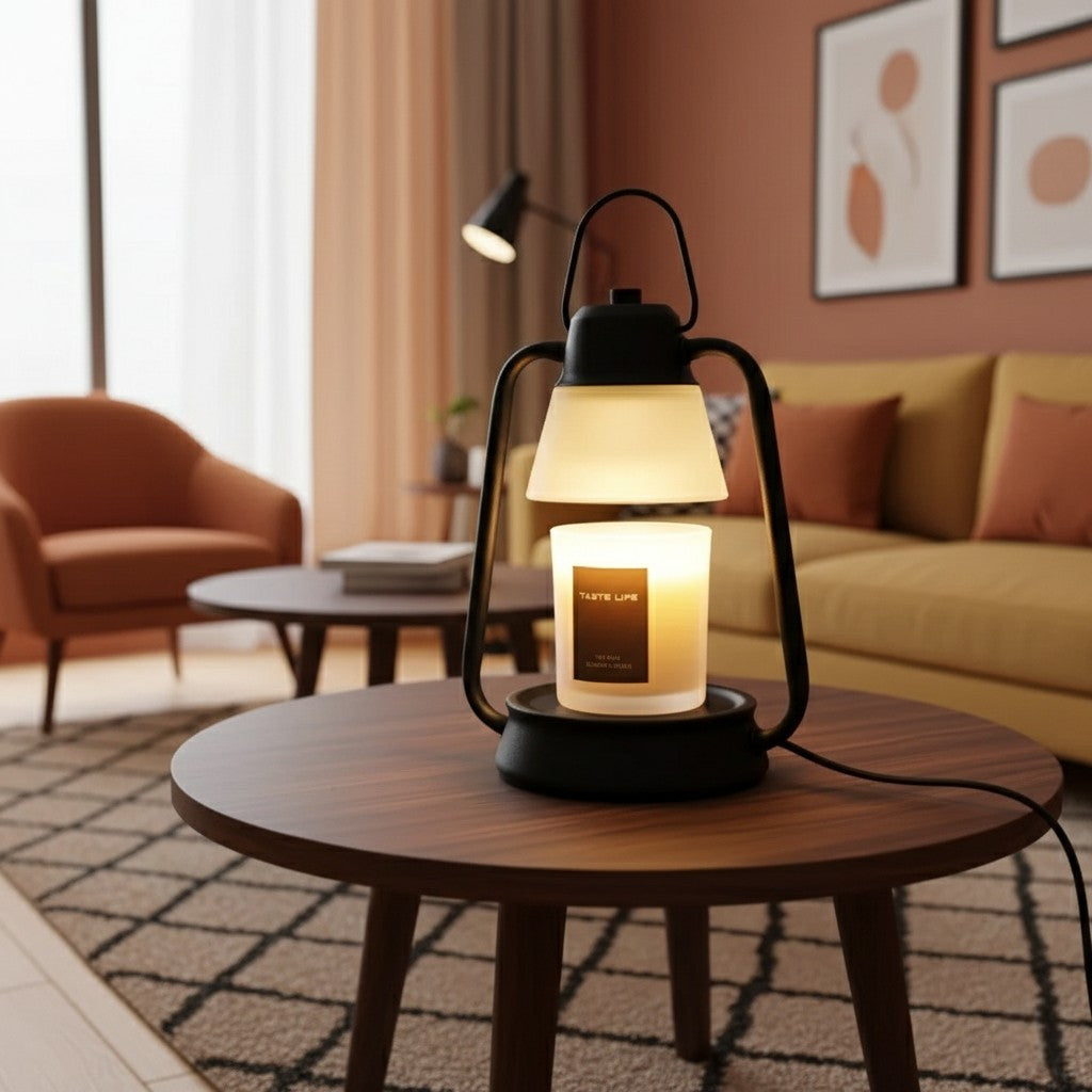 Lantern-style lamp with candle on a wooden table in a cozy living room.