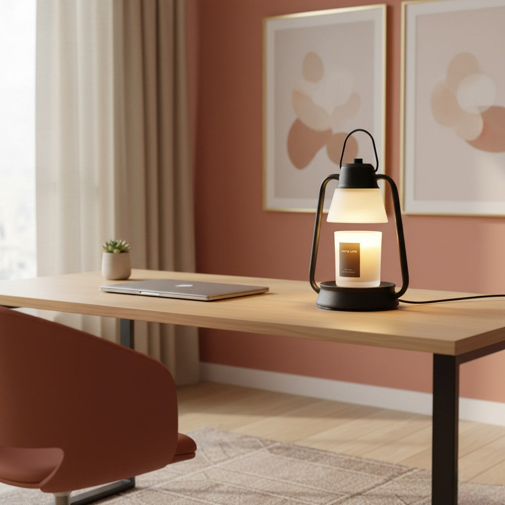 Lamp on a desk in a room with a chair and framed pictures on the wall.