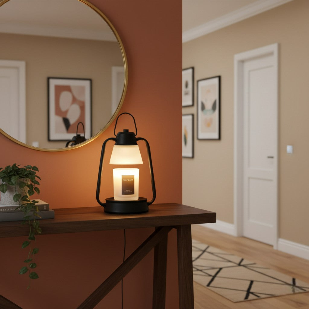 Decorative lamp on a wooden table with a round mirror and framed pictures in the background.