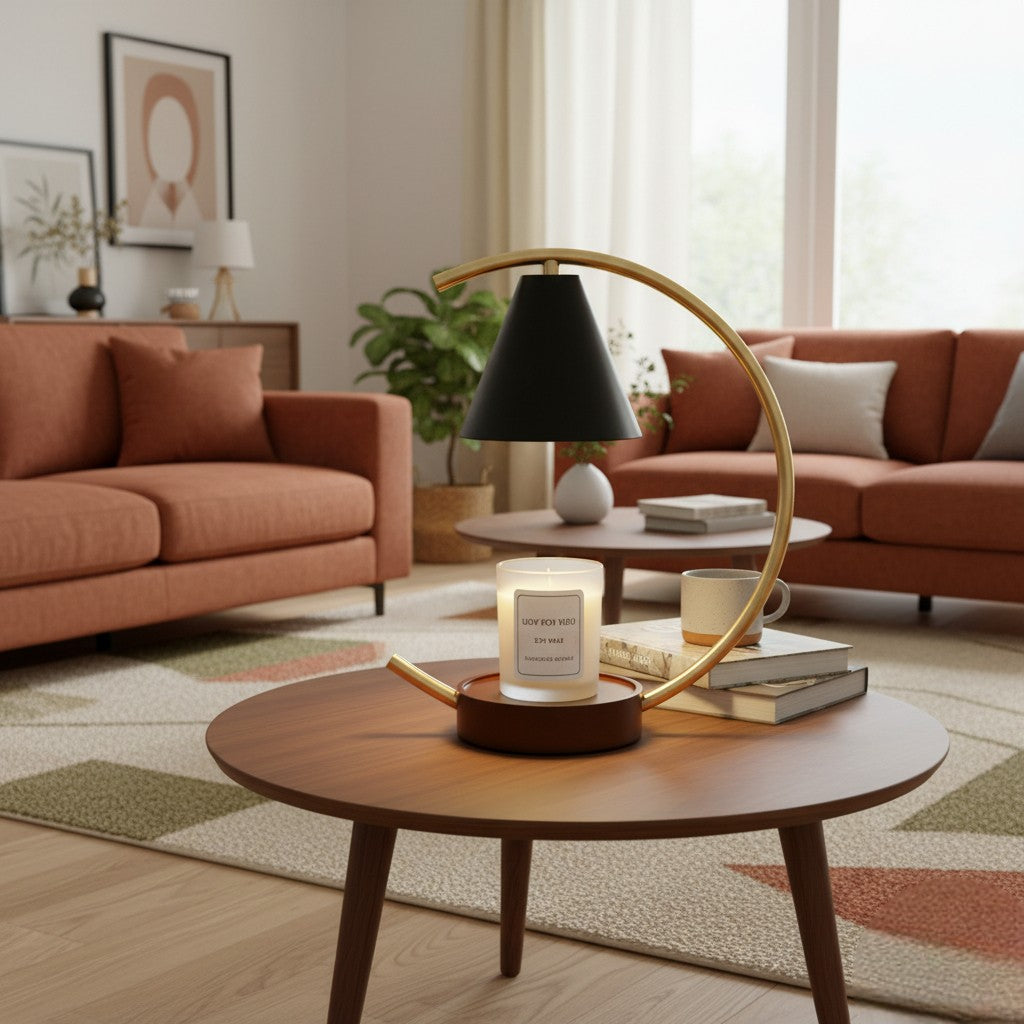 Living room with a round wooden coffee table, candle, and books.