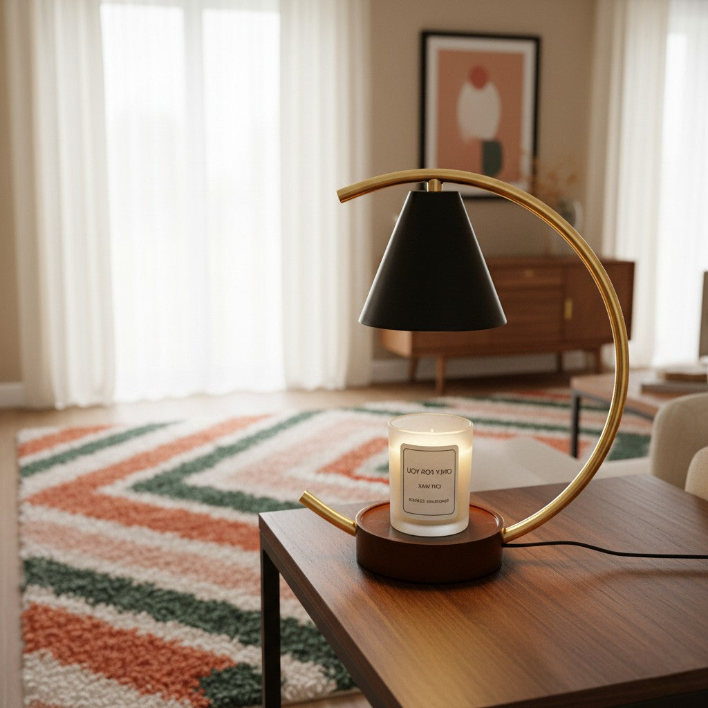 Modern lamp with a candle on a wooden table in a room with curtains and artwork.