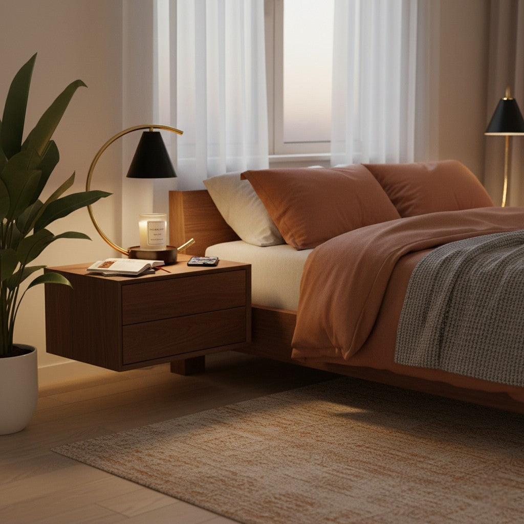 Cozy bedroom with a bed, nightstand, and lamp in a warm setting.