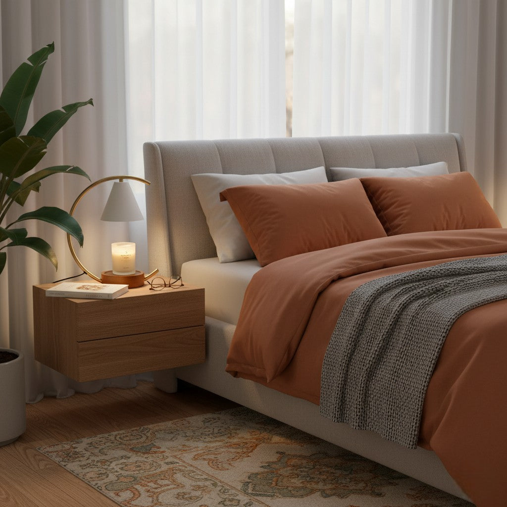 Cozy bedroom with a bed, nightstand, and lamp.