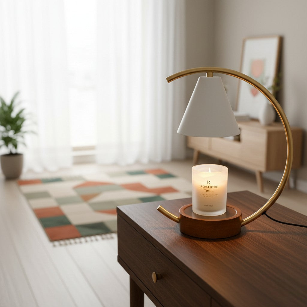 Decorative table lamp with a candle on a wooden surface in a home setting