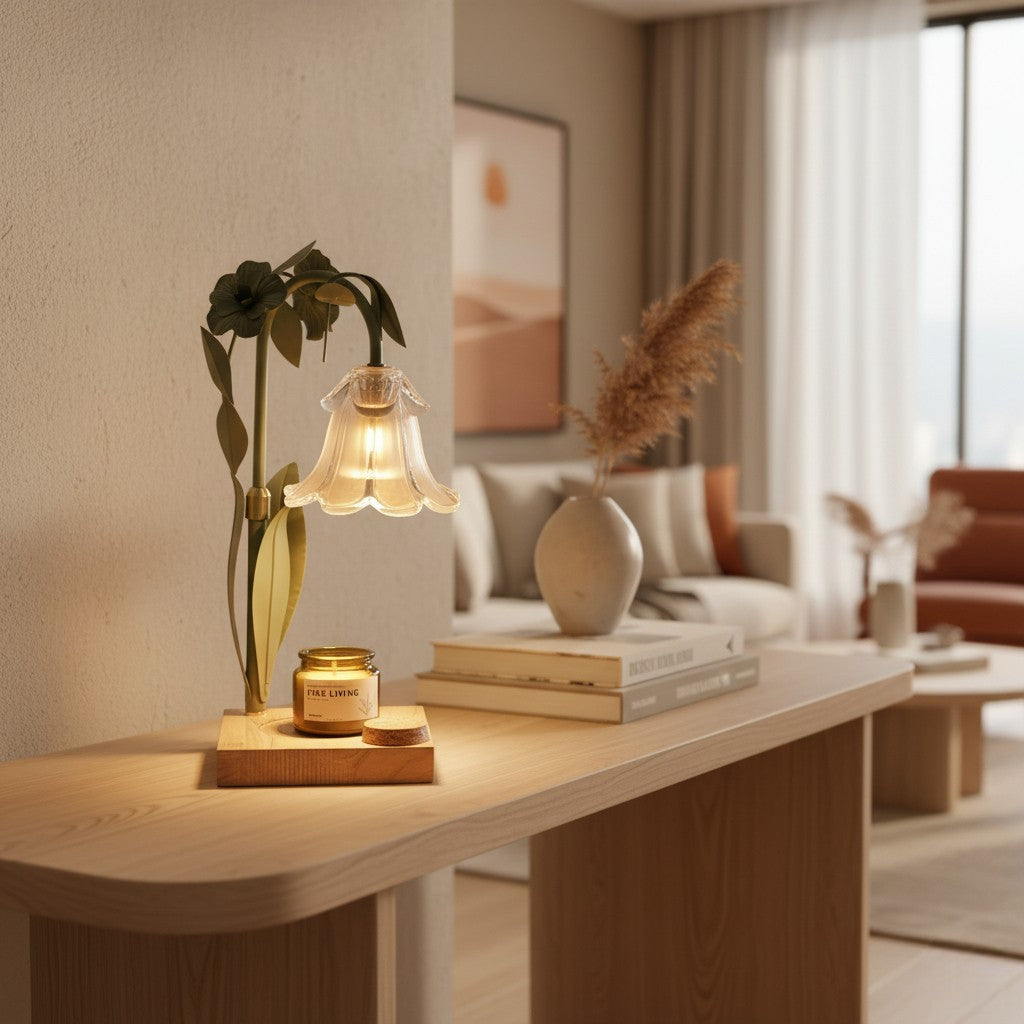 Decorative lamp on a wooden table with a cozy living room background