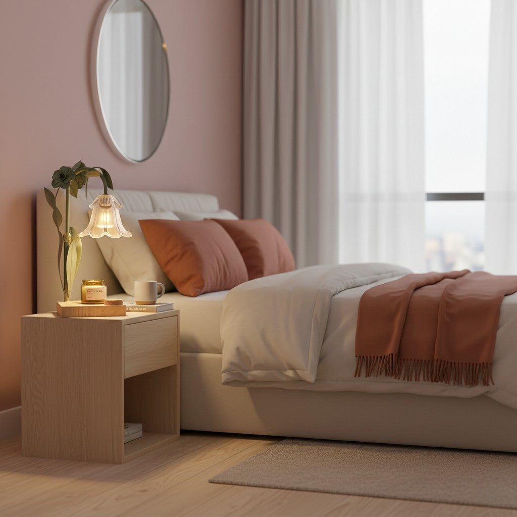 Cozy bedroom with a bed, nightstand, and lamp in a warm color scheme.