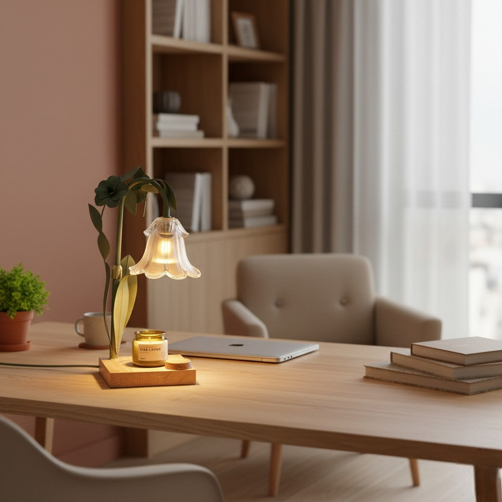 Modern living room with a wooden table, lamp, books, and a plant.