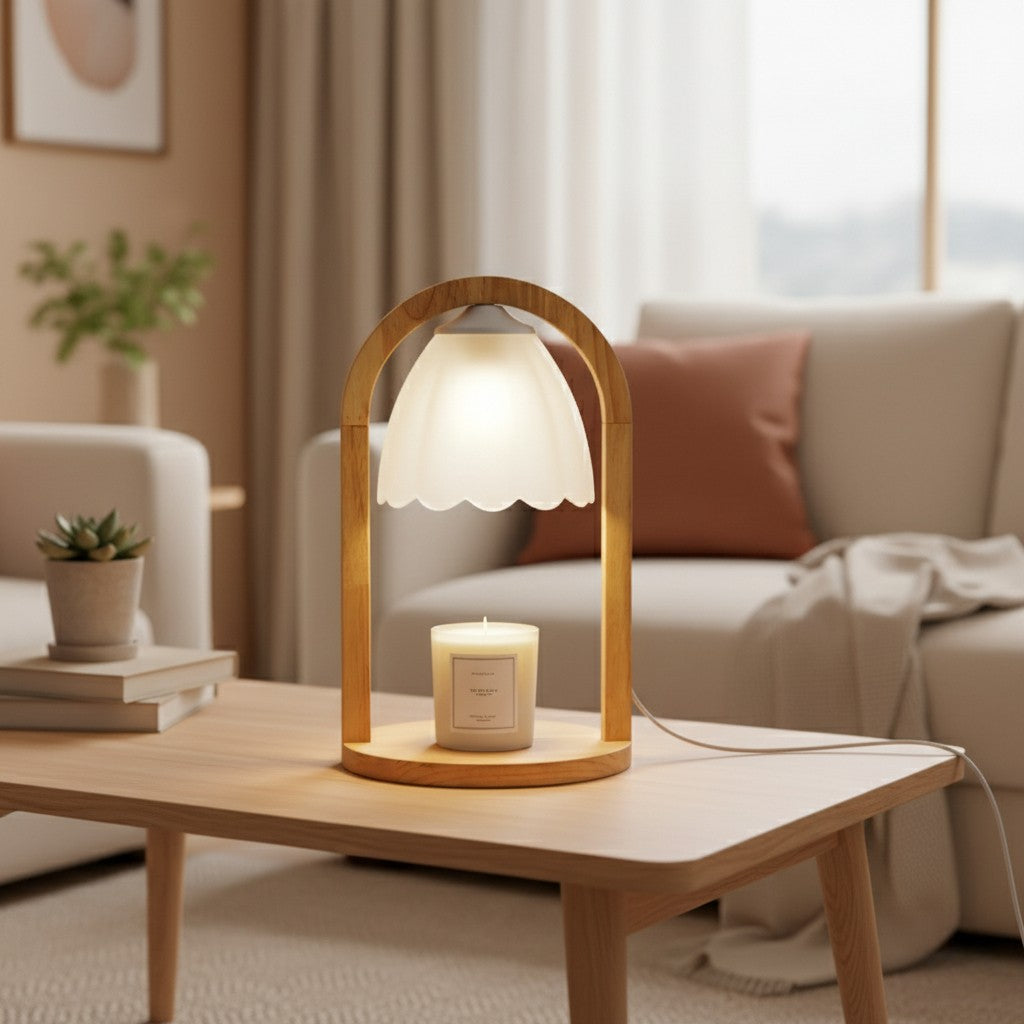 Wooden table lamp with a scalloped shade on a coffee table in a living room.