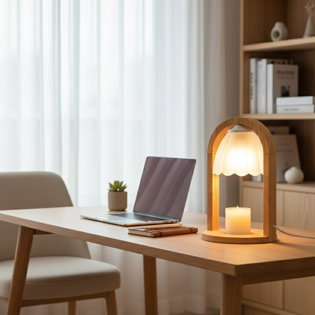 Wooden desk with laptop, lamp, and candle in a cozy room.