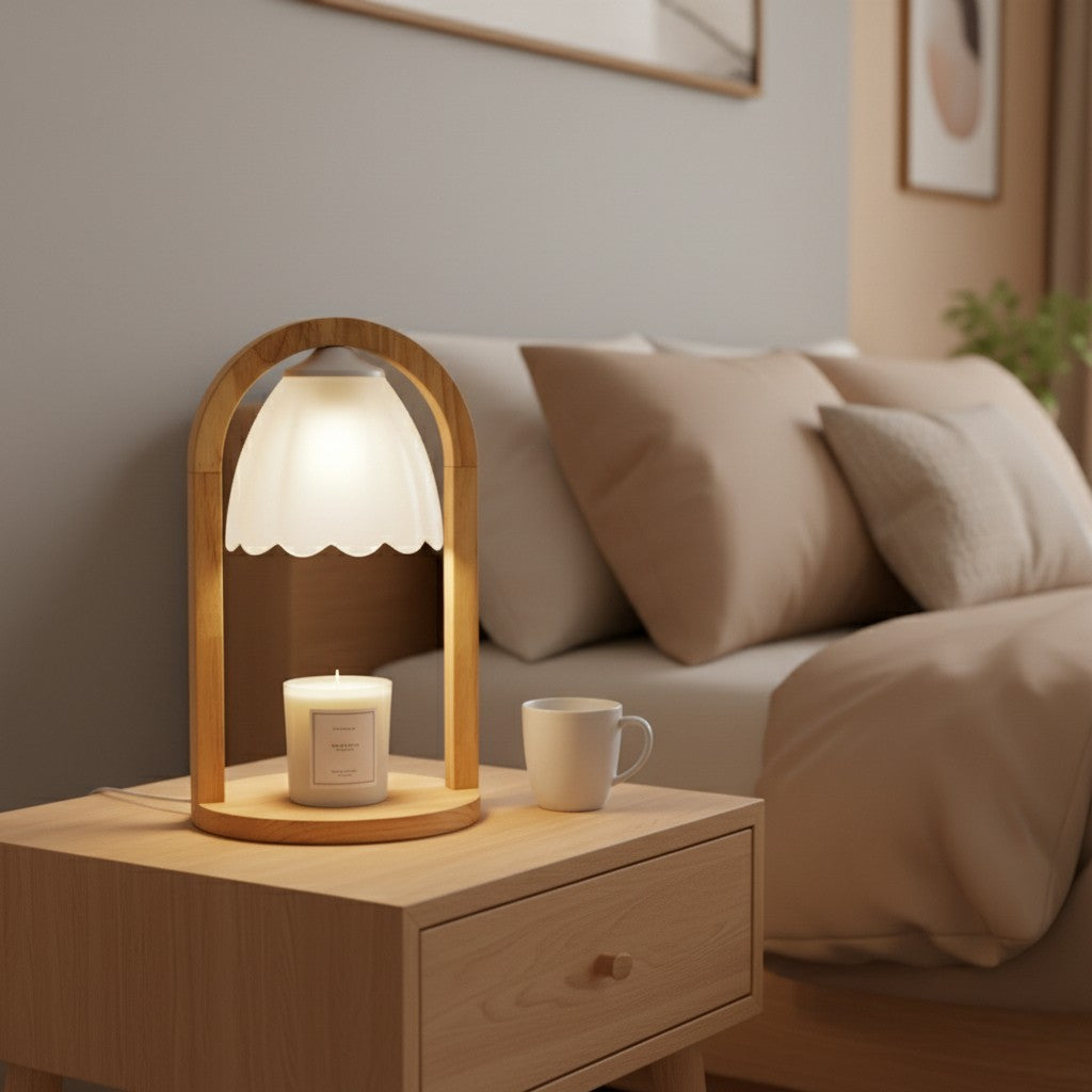 Wooden lamp with scalloped shade on a nightstand next to a sofa
