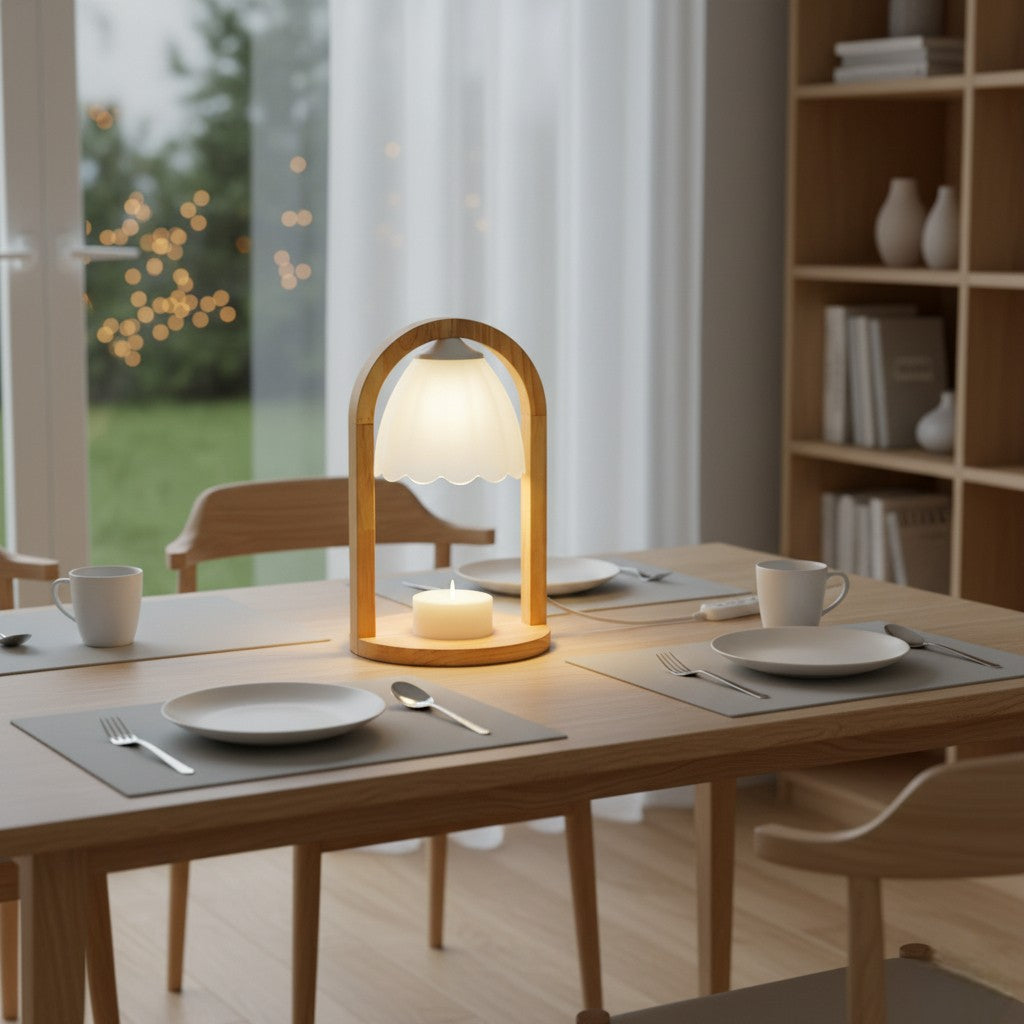 Dining table setting with a lamp, plates, and cups in a bright room.